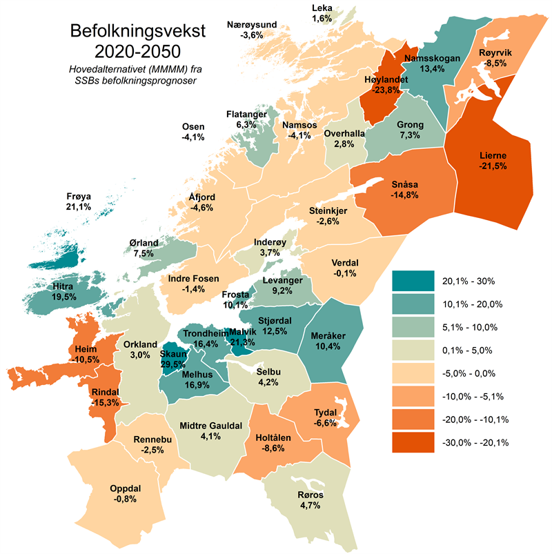 Befolkningsvekst 2020-2050. Hovedalternativ (MMMM) fra SSBs befolkningsprognoser Befolkningsvekst 2020-2050. Hovedalternativ (MMMM) fra SSBs befolkningsprognoser