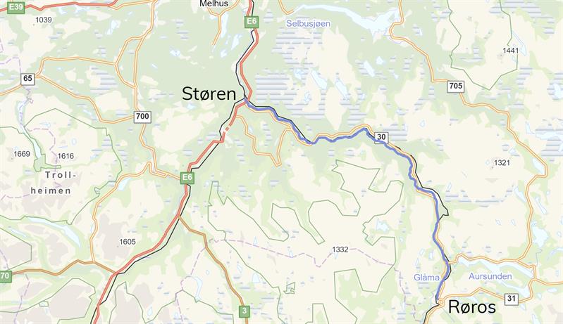Bilde av et kart med strekningen Støren-Røros.