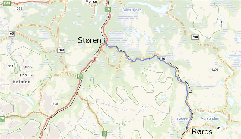 Støren-Røros Bilde av et kart med strekningen Støren-Røros.