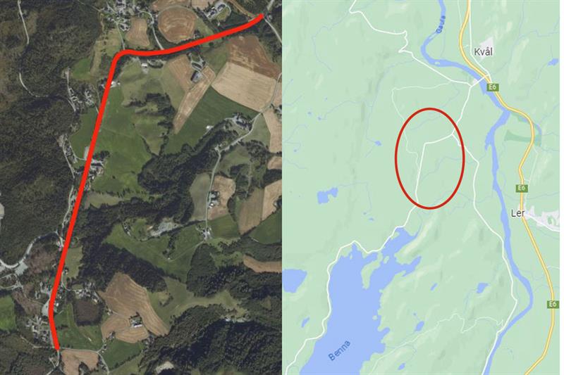 Oversikt over hvor gang- og sykkelveg skal legges. Kart og luftfoto