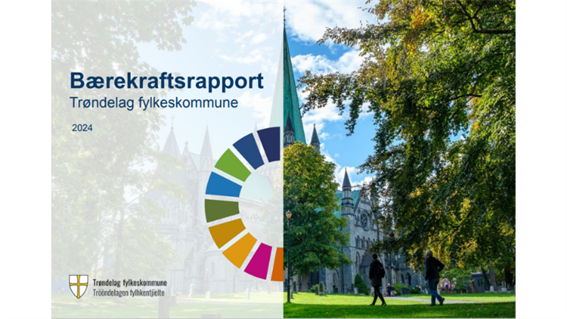 Bilde av forsiden av bærekraftsrapport Trøndelag. Bildet inneholder bilde av Nidarosdomen og et bærekraftssymbol. 