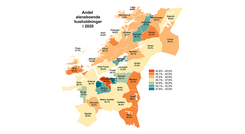 Andel aleneboere blant husholdninger i 2020