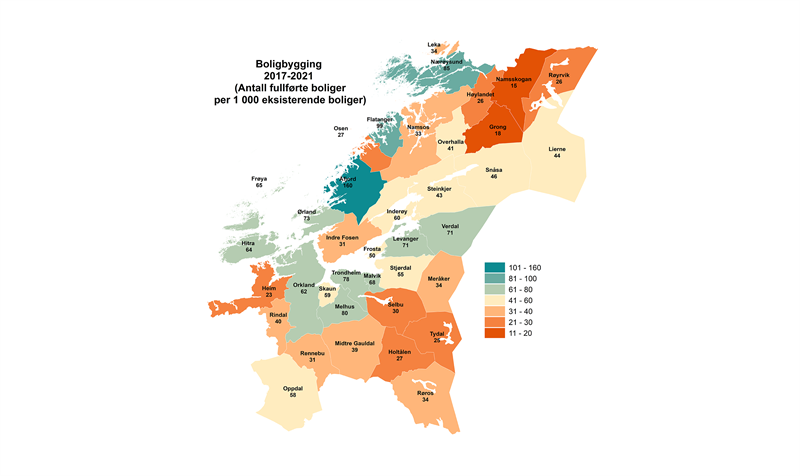 Boligbygging 2017-2021 per 1 000 eksisterende boliger