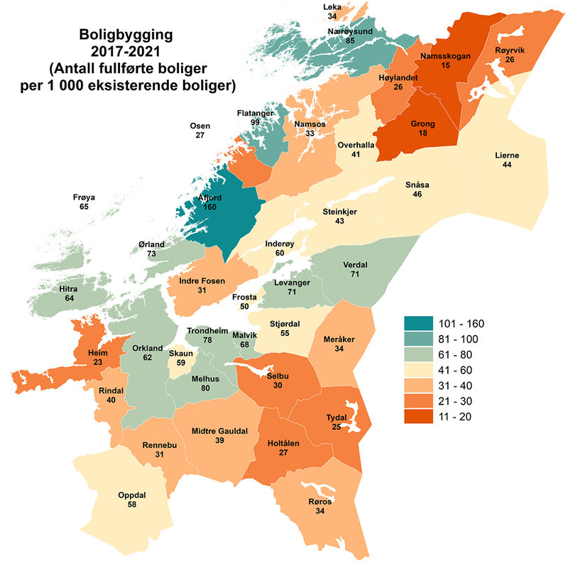 Boligbygging 2017-2021 per 1 000 eksisterende boliger Boligbygging 2017-2021 per 1 000 eksisterende boliger