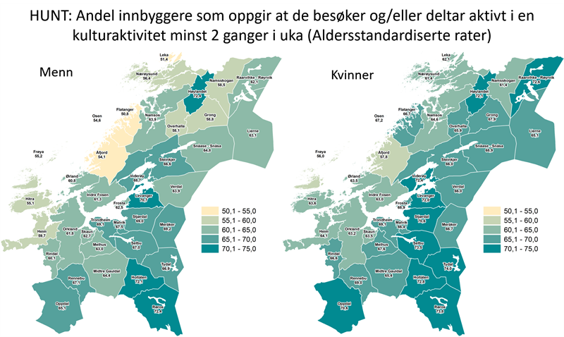 Andel innbyggere som oppgir at de besøker og eller deltar aktivt i en kulturaktivitet minst 2 ganger i uka