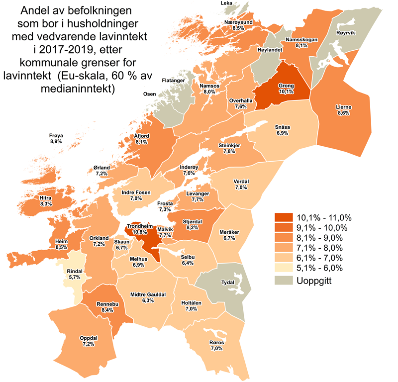Figur som viser andel av befolkningen som bor i husholdninger med vedvarende lavinntekt, etter kommunale grenser for lavinntekt 2017-2019 (Illustrasjon: Trøndelag fylkeskommune)