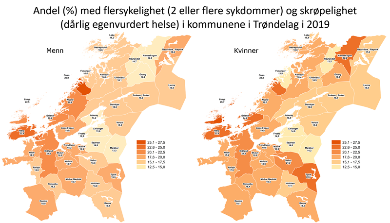 Andel med flersykelighet (2 eller flere sykdommer) og skrøpelighet (dårlig egenvurdert helse) i kommunene i Trøndelag 2019 Andel med flersykelighet (2 eller flere sykdommer) og skrøpelighet (dårlig egenvurdert helse) i kommunene i Trøndelag 2019