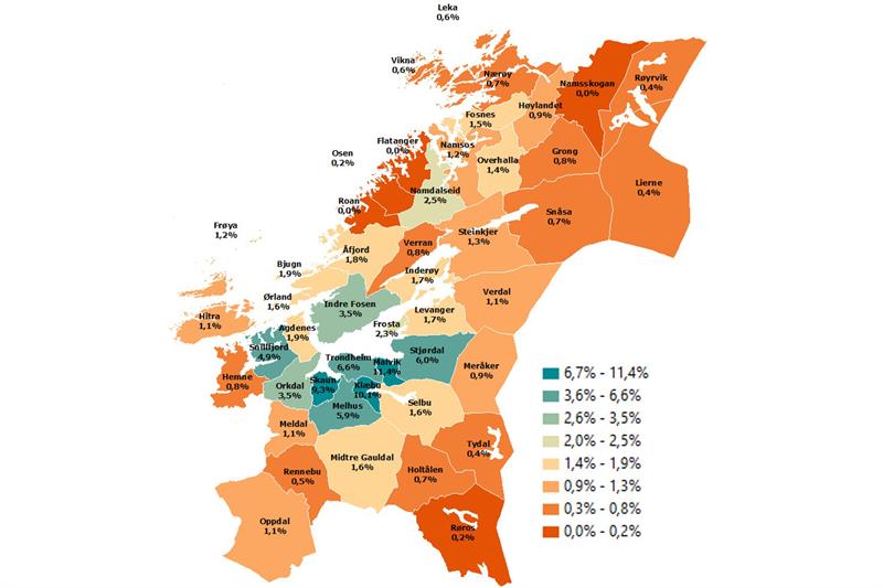 Andel av registrerte personbiler som er elbil (2017) (Illustrasjon: Trøndelag fylkeskommune)