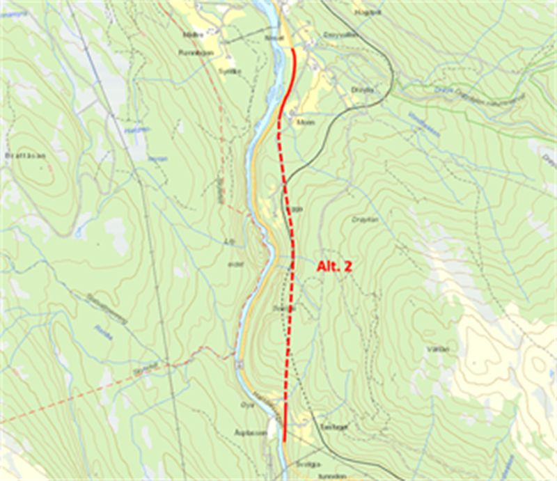 Kart over skissen som viser  alternativ 2 fra Haltdalen til dagens Svølgjatunnel.