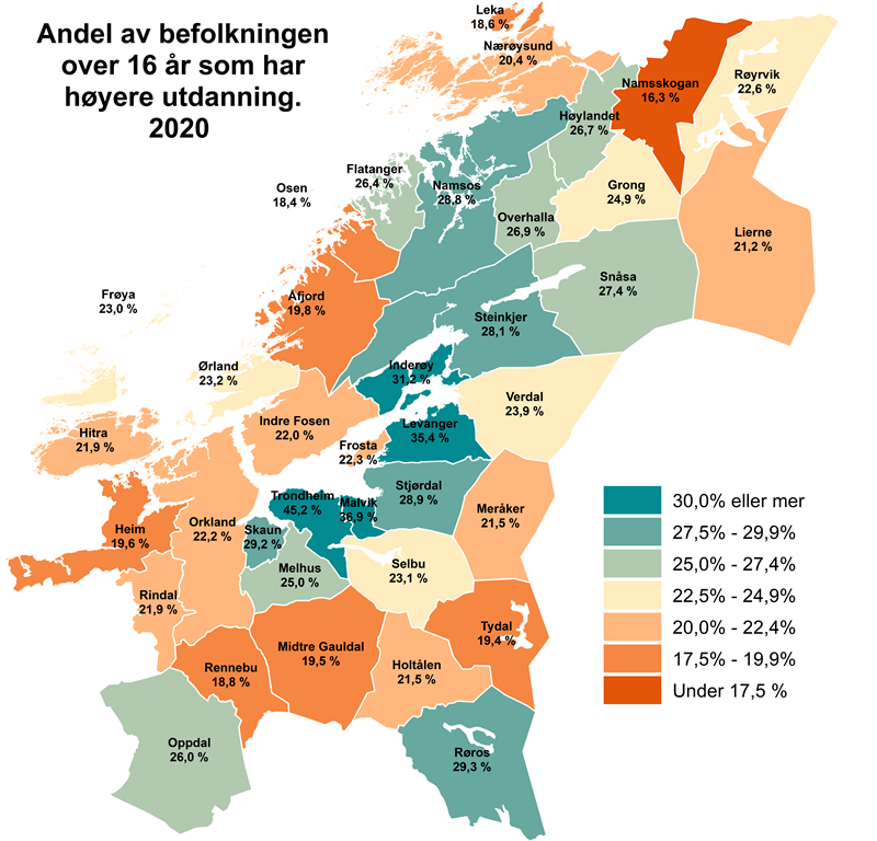 Andel av befolkningen over 16 år som har høyere utdanning. 2020.png