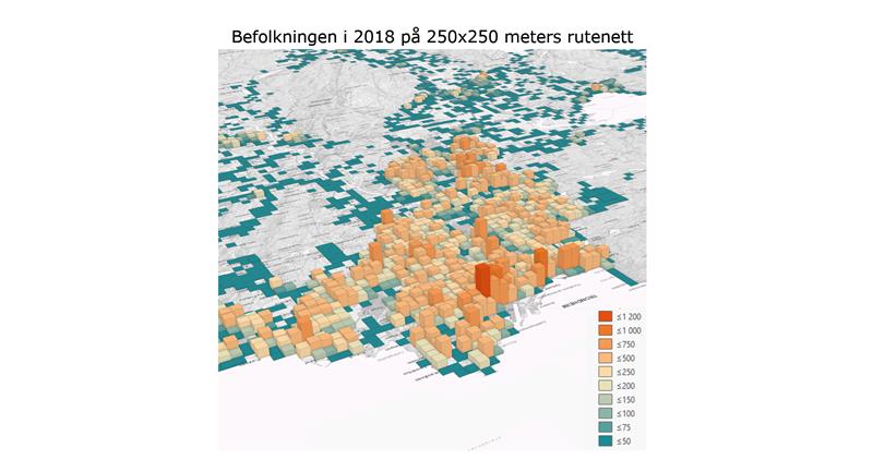 Befolkningstettehet i trondheim per 1 januar 2018, 250x250 rutenett