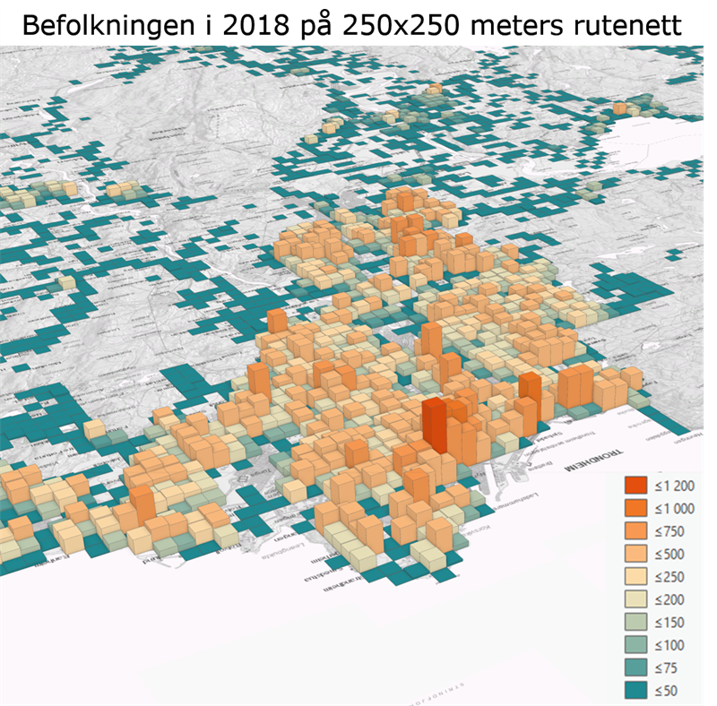 Befolkningstettehet i trondheim per 1 januar 2018, 250x250 rutenett