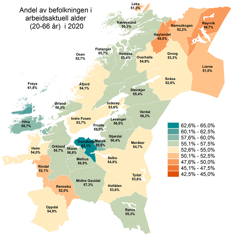 Andel av befolkningen i arbeidsaktuel alder (20-66 år) 2020 og 2050 Andel av befolkningen i arbeidsaktuel alder (20-66 år) 2020 og 2050
