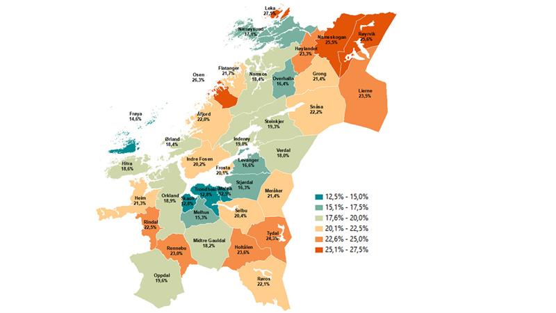 Andel-av-befolkningen-som-er-67-år-eller-eldre-per-1.1.2020_web.jpg Andel av befolkningen som er 67 år eller eldre (Illustrasjon: Trøndelag fylkeskommune)