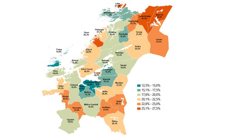 Andel av befolkningen som er 67 år eller eldre (Illustrasjon: Trøndelag fylkeskommune)