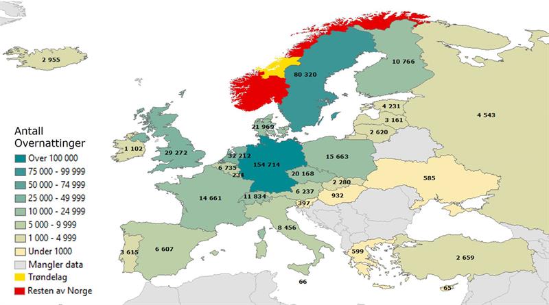 Overnattinger fra europeiske gjester på trønderske hoteller og overnattingssteder i 2017 (Illustrasjon: Trøndelag fylkeskommune).