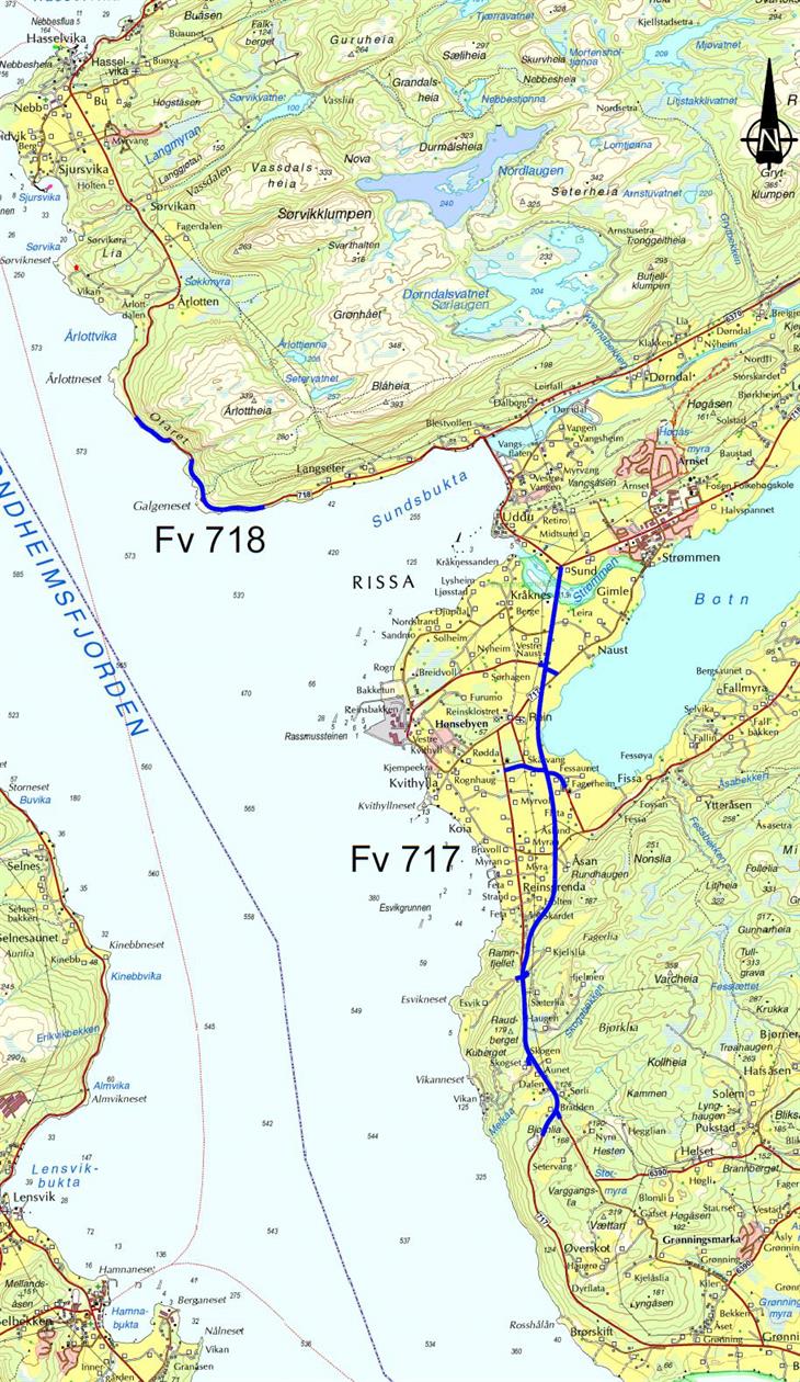 Kartillustrasjon av det som skal bli nye fylkesveg 717 mellom Sund og Bradden i Rissa.