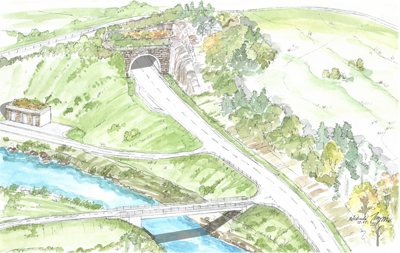 Tegning som viser tunnelåpning sør ved Svølgja med ny bru over Gaula på fylkesveg 30