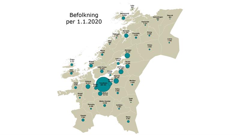 Illustrasjon som viser størrelsesforholdet mellom kommuner i Trøndelag (Illustrasjon: Trøndelag fylkeskommune)
