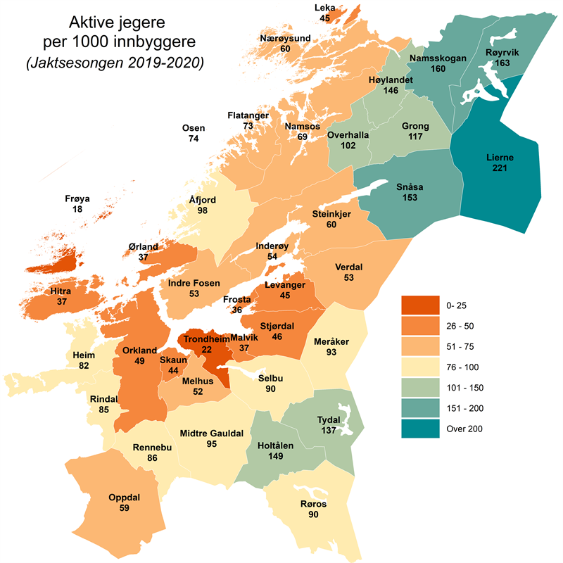 Jegere per 1000 innbyggere 2019-2020