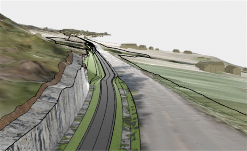 Figur 1: Utklipp fra 3D- modell som viser planlagt gang- og sykkelveg på strekningen Hårrisdalen–Nygård.