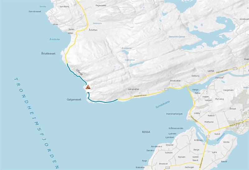 Kart over stengningsområde mellom Rissa og Hasselvika.