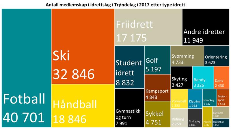 Antall medlemskap i idrettslag i Trøndelag etter type idrett 2017 (Illustrasjon: Trøndelag fylkeskommune)