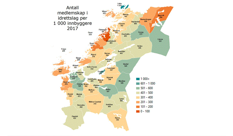 Antall medlemskap i idrettslag per 1000 innbyggere i 2017 (Illustrasjon: Trøndelag fylkeskommune)