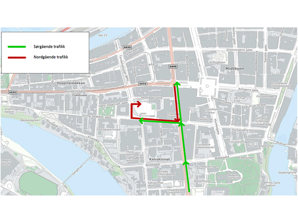 Kart med kjøremønster i Midtbyen. Kartgrafikk