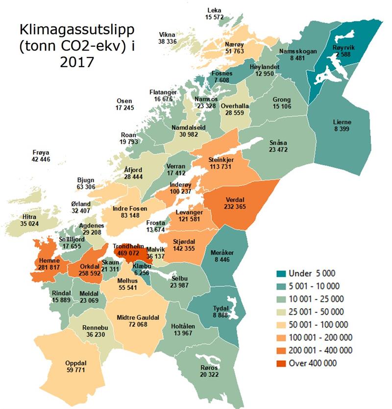 Klimagassutslipp i trøndelag 2017. kommunekart