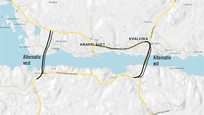 Bilde av kart med alternativer for nye Knarrlagsundet bru.