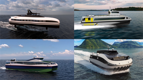 Slik kan fremtidens hurtigbåt bli seende ut. 
Øverst f.v: LMG og SES-X. Nederst f.v: Transportutvikling og ESNA: 