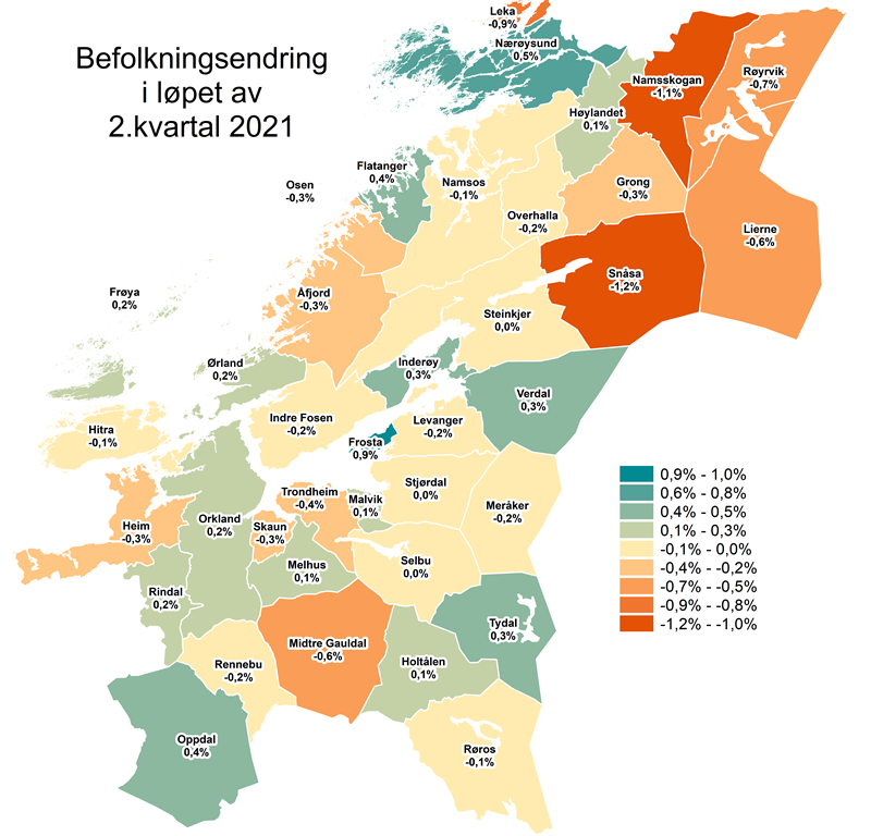 Kart som viser befolkningsendring i løpet av andre kvartal 2021 (Illustrasjon: Trøndelag fylkeskommune)