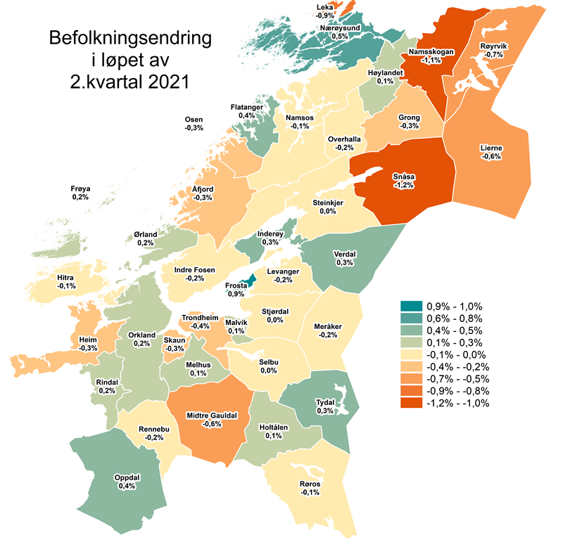 Befolkningsendring i løpet av 2. kvartal 2021.png Kart som viser befolkningsendring i løpet av andre kvartal 2021 (Illustrasjon: Trøndelag fylkeskommune)