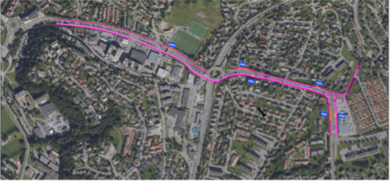 Hovedsykkelveg med fortau. Flyfoto med grafikk