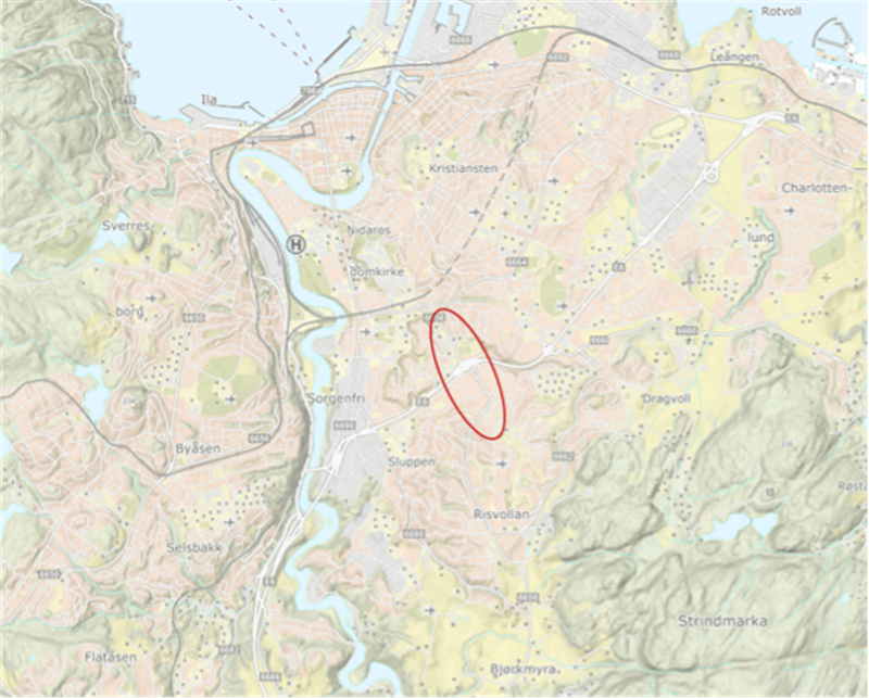 Planområdet på Nardo i Trondheim. Kart