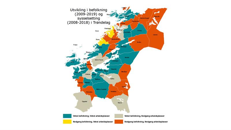 Utvikling i befolkning (2009-2019) og sysselsetting (2008-2018) i Trøndelag