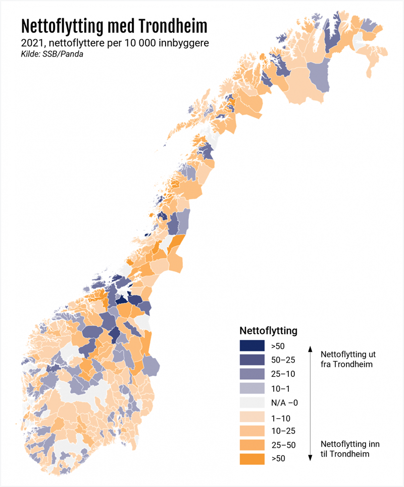Nettoflytting med Trondheim. 2021, nettoflyttere per 10000 innbyggere