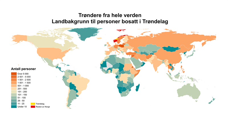 Trøndere fra hele verden. Landbakgrunn til personer bosatt i Trøndelag per 1.1.2020