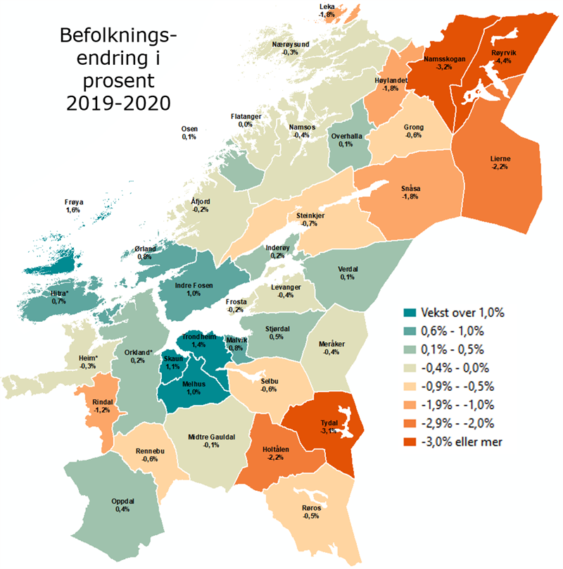 kart -Befolkningsvekst 2019-2020 Trøndelag