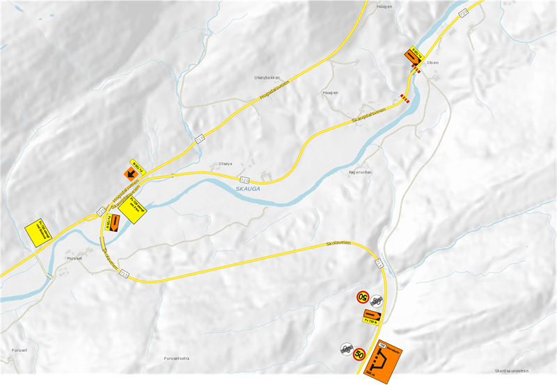Bilde av kart med omkjøring ved Stobrua i Indre Fosen kommune.