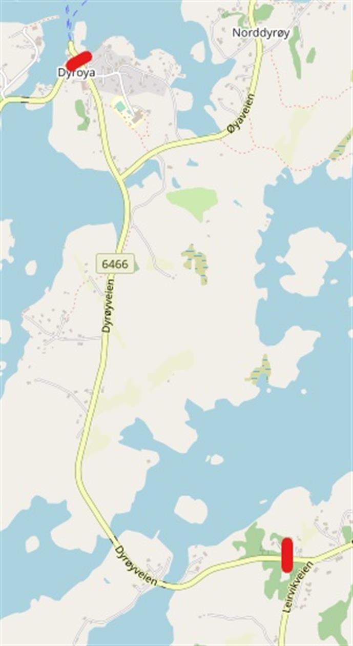 Kart over hva som skal asfalteres i Dyrøyvegen.