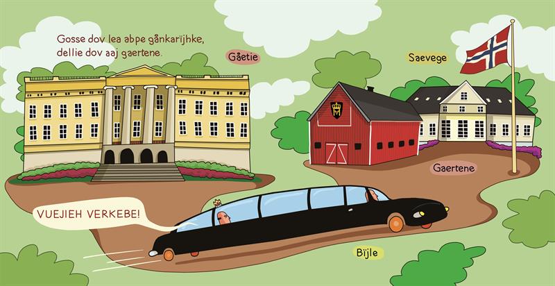 Tegning som viser et slott. Fra slottet kjører det en bil med en konge i. Bilen er på vei mot en gård hvor det står en flaggstang på tunet og riksvåpenet på fjøset. Samisk tekst. 