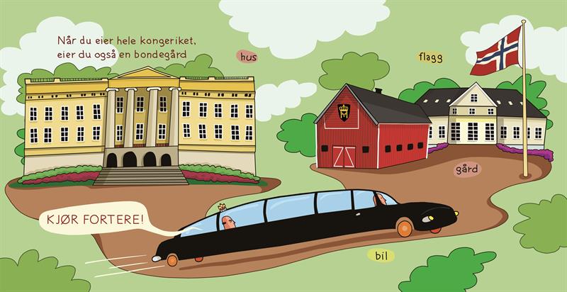 Tegning som viser et slott. Fra slottet kjører det en bil med en konge i. Bilen er på vei mot en gård hvor det står en flaggstang på tunet og riksvåpenet på fjøset. Norsk tekst.