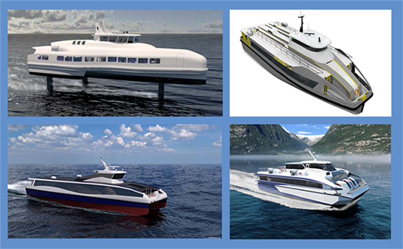 Slik kan kan fremtidens hurtigbåt bli seende ut:
 LMG og SES-X Nederst f.v.: Transportutvikling og ESNA