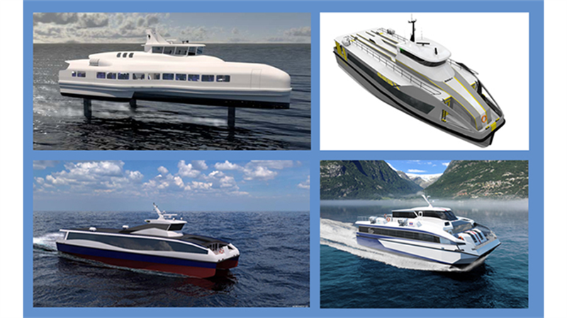 Slik kan fremtidens hurtigbåt bli seende ut. 
 
Øverst f.v.: LMG og SES-X 
Nederst f.v.: Transportutvikling og ESNA
