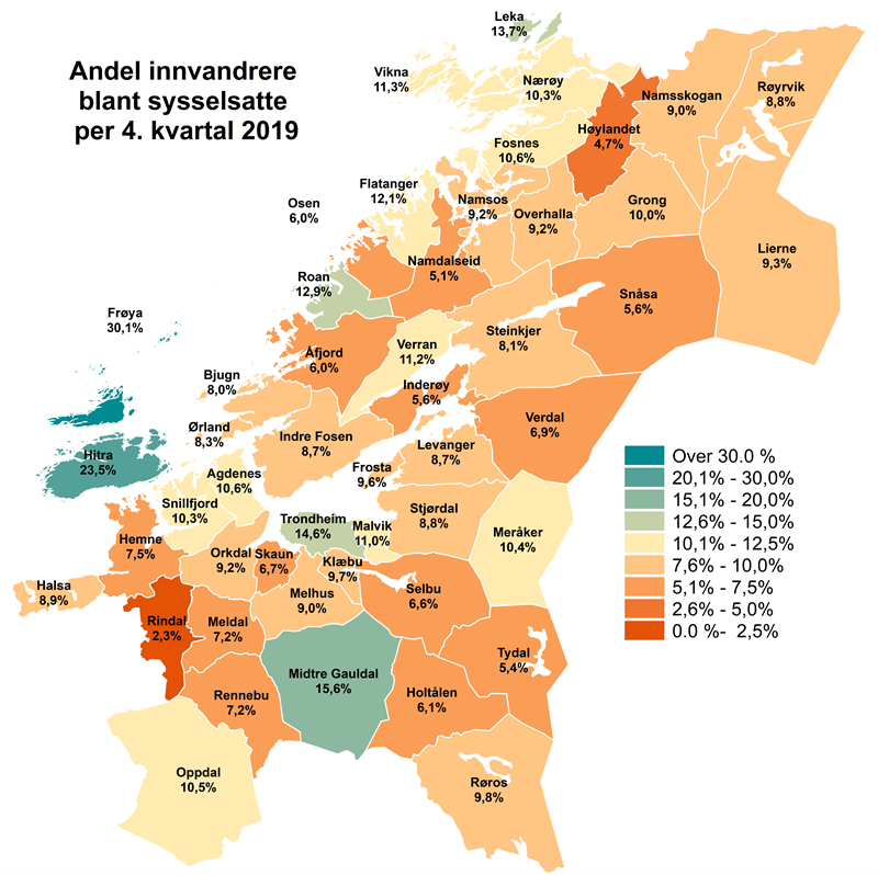 Andel innvandrere blant sysselsatte per 4. kvartal 2019 Andel innvandrere blant sysselsatte per 4. kvartal 2019
