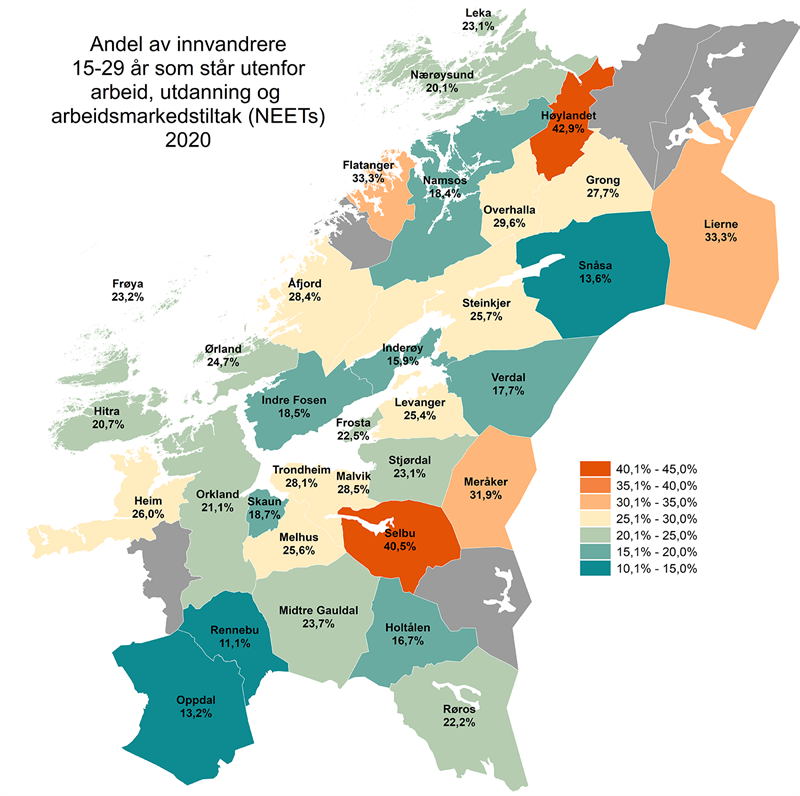 Andel av 15-29 åringer som står utenfor arbeid, utdanning og arbeidsmarkedstiltak (NEETs) 2020-innvnadrere Andel av 15-29 åringer som står utenfor arbeid, utdanning og arbeidsmarkedstiltak (NEETs) 2020-innvnadrere