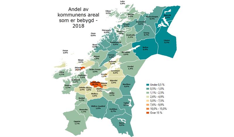 Kart som viser bebygd areal i Trøndelag 2018 (Illustrasjon: Trøndelag fylkeskommune)