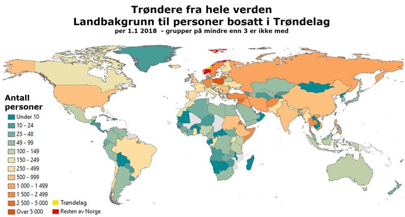 Det bor personer fra 160 land i Trøndelag. Kartet viser hvor i verden folk har kommet fra for å bli trøndere (Illustrasjon: Trøndelag fylkeskommune)